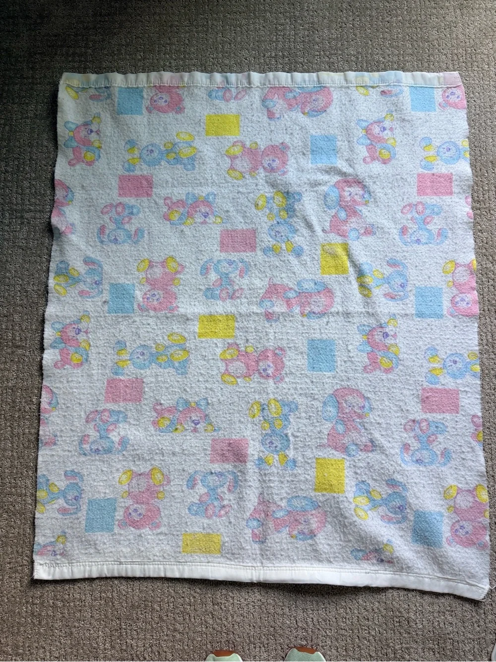 Vintage Baby Receiving Blanket Teddy Bear Bunny Pastel Pink Blue Security